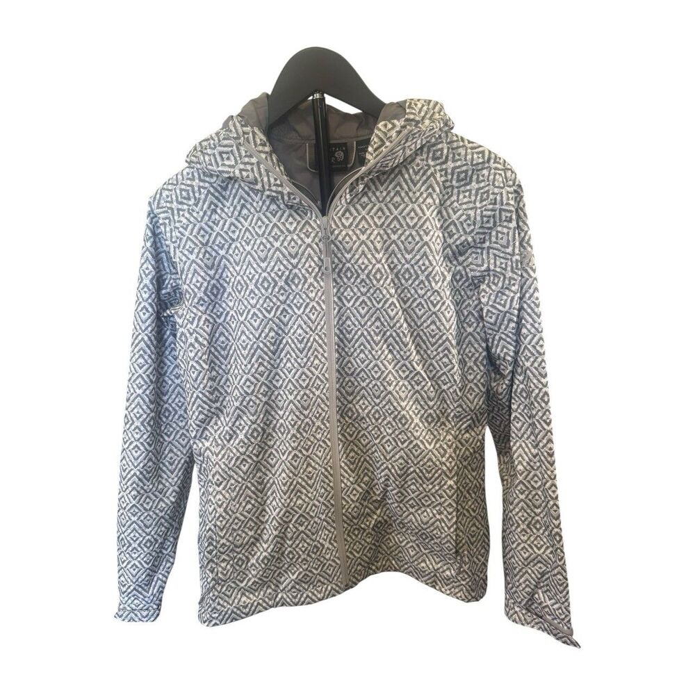Mountain Hardwear Women's S/P Petite Gray/White Geometric Hooded Zip Windbreaker